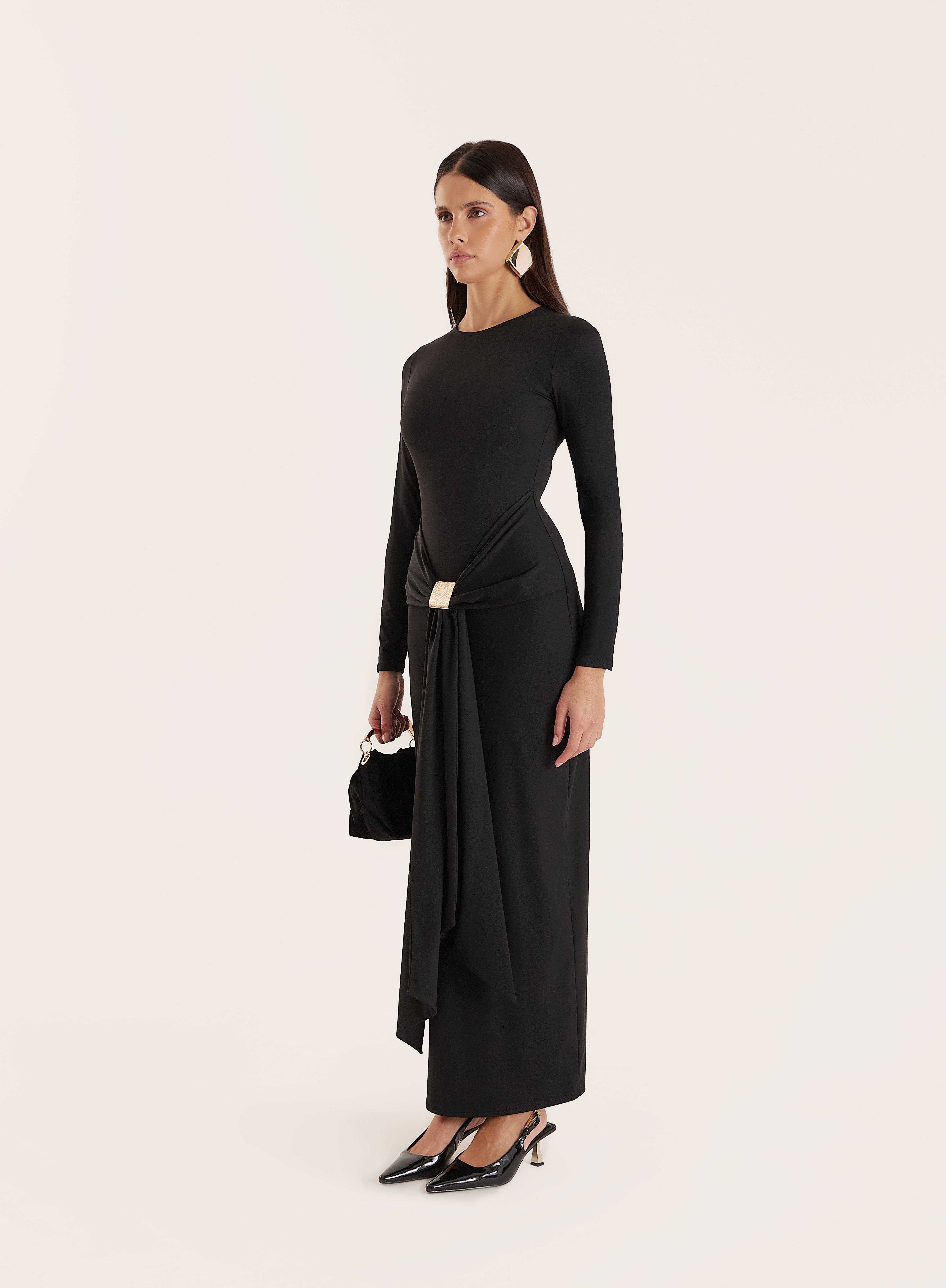 Black Jersey Hardware Waist Detail Maxi Dress